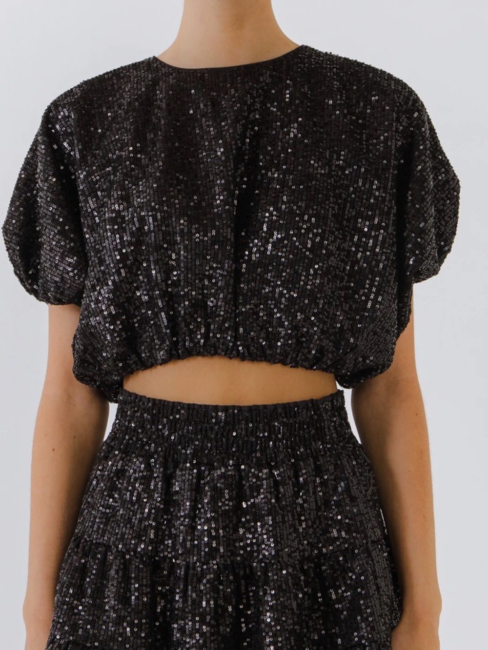 Endless Rose Black Sequin Crop Top Sparkly All Black Night Out Puff Top